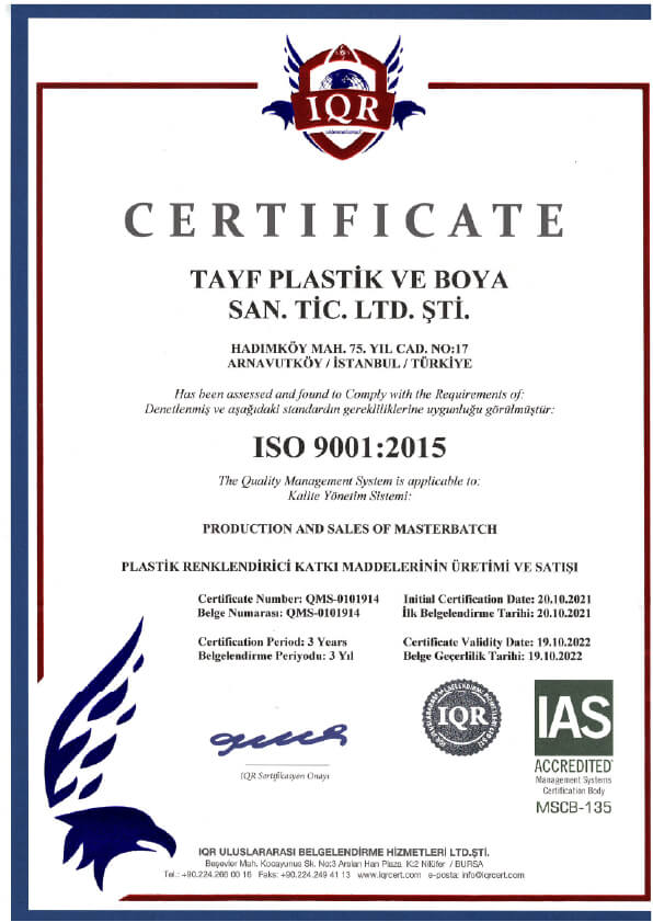 TAYF PLASTİK ISO 9001 KALİTE BELGESİ